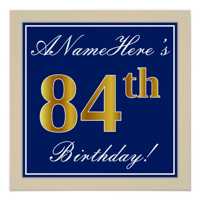 Elegant, blau, Imitate Gold 84. Geburtstag + Name Poster (Vorderseite)