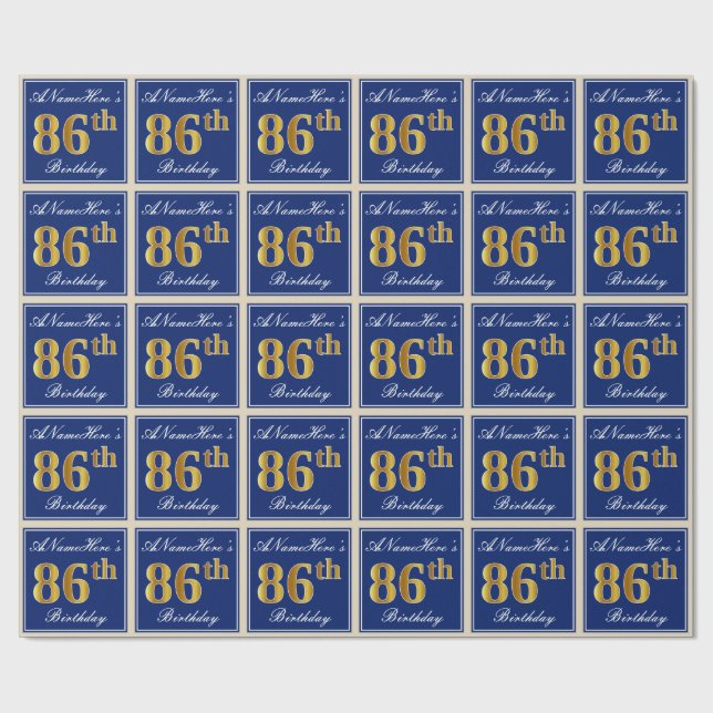 Elegant, blau, Imitate Gold 86. Geburtstag + Name Geschenkpapier (Flach)
