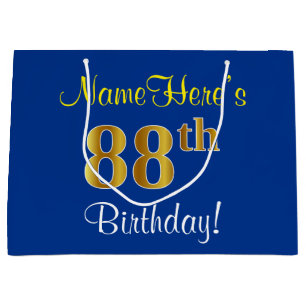 Elegant, blau, Imitate Gold 88. Geburtstag + Name Große Geschenktüte