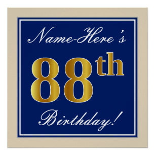 Elegant, blau, Imitate Gold 88. Geburtstag + Name Poster