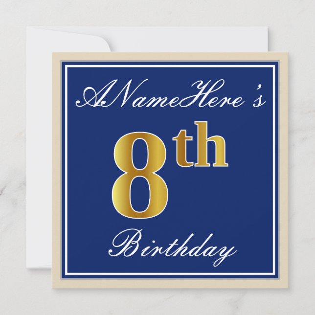 Elegant, blau, Imitate Gold 8. Geburtstag; Individ Einladung (Vorderseite)
