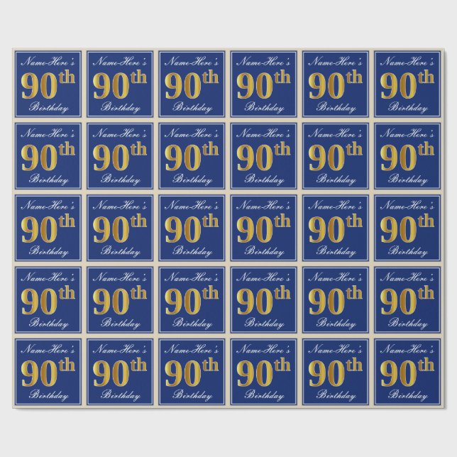 Elegant, blau, Imitate Gold 90. Geburtstag + Name Geschenkpapier (Flach)