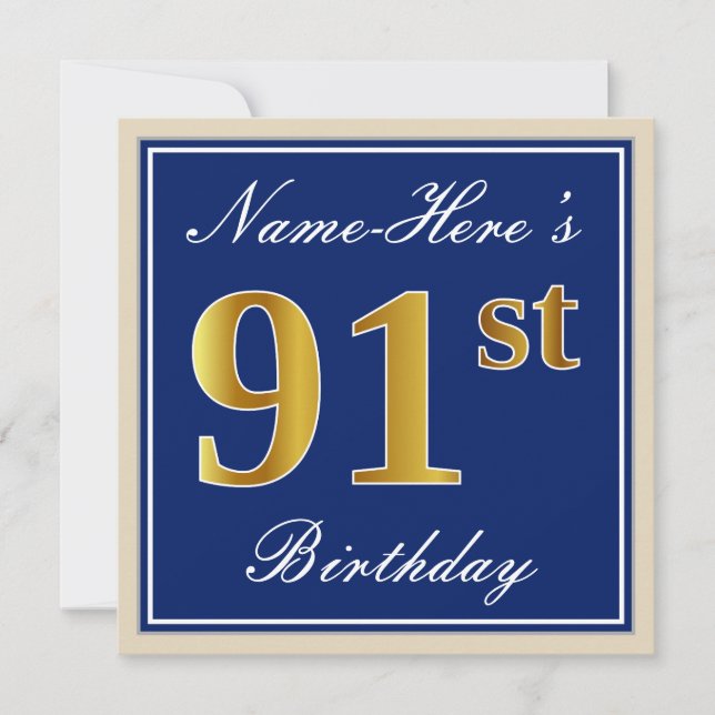 Elegant, blau, Imitate Gold 91. Geburtstag + Name Einladung (Vorderseite)