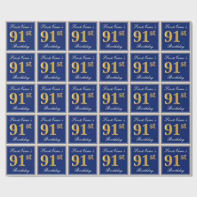 Elegant, blau, Imitate Gold 91. Geburtstag + Name Geschenkpapier (Flach)
