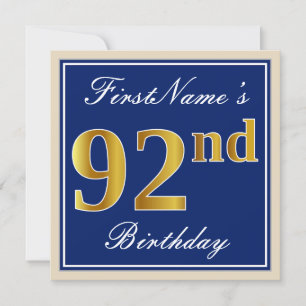 Elegant, blau, Imitate Gold 92. Geburtstag + Name Einladung