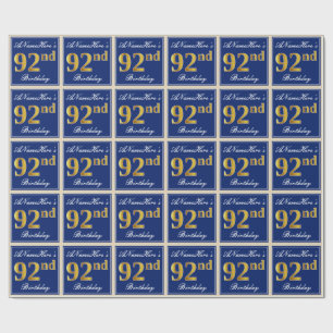 Elegant, blau, Imitate Gold 92. Geburtstag + Name Geschenkpapier