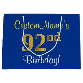 Elegant, blau, Imitate Gold 92. Geburtstag + Name Große Geschenktüte