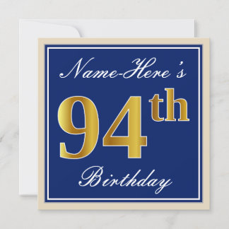 Elegant, blau, Imitate Gold 94. Geburtstag + Name Einladung