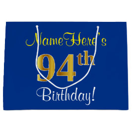 Elegant, blau, Imitate Gold 94. Geburtstag + Name Große Geschenktüte