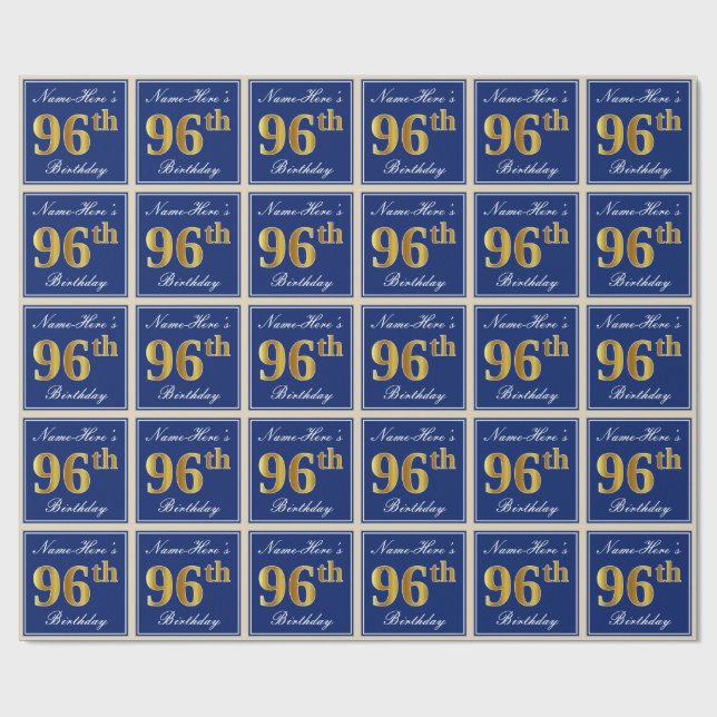 Elegant, blau, Imitate Gold 96. Geburtstag + Name Geschenkpapier (Flach)