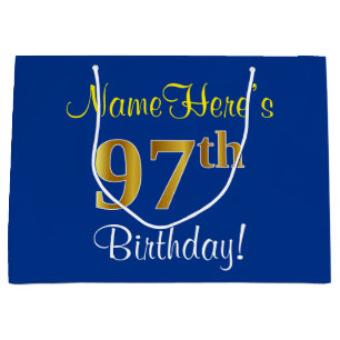 Elegant, blau, Imitate Gold 97. Geburtstag + Name Große Geschenktüte