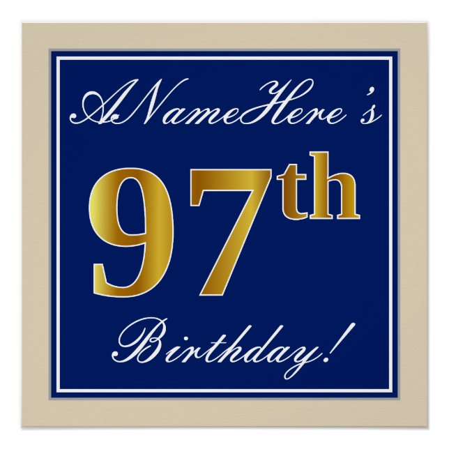 Elegant, blau, Imitate Gold 97. Geburtstag + Name Poster (Vorderseite)