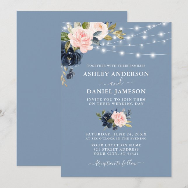Elegant, blau, rosa, florale Lichter Hochzeit Einladung (Vorne/Hinten)