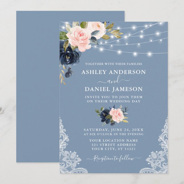 Elegant, blau, rosa, florale Lichter Hochzeit Einladung (Vorne/Hinten)