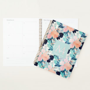 Elegant Blau Rosa Minze Blume Wasserfarben Planer