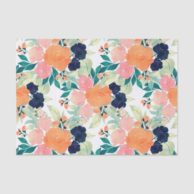 Elegant Blau Rosa Orange Blume Wasserfarben Seidenpapier (Vorderseite)
