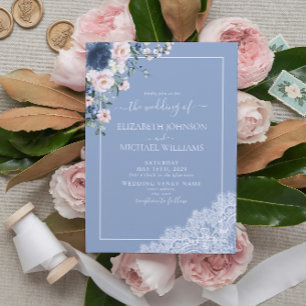 Elegant, blau, rot, rustikal, holzige Hochzeit Einladung