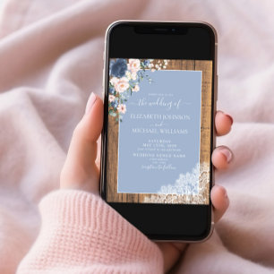 Elegant, blau, rot, rustikal, holzige Hochzeit Einladung