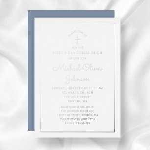 Elegant Blau Silberfolie Script Erste Kommunion Folieneinladung