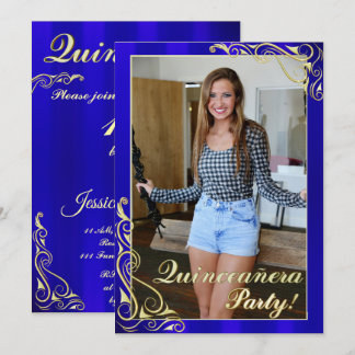 Elegant Blau und Gold Ihr Foto Quinceañera Einladung