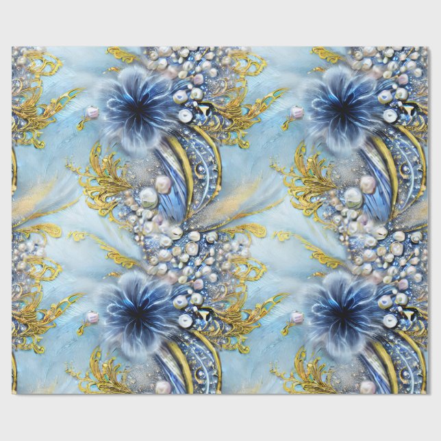 Elegant blau und goldblütenblau geschenkpapier (Flach)