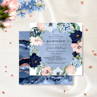 Elegant Blau und Rosa Quinceñera, Blumen Einladung