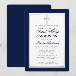 Elegant Blau und Silber Erste Heilige Kommunion Einladung