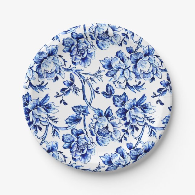 Elegant Blau und Weiß Toile Pappteller (Vorderseite)