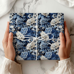 Elegant Blau Weiß Elfenbein Floral Luxus Verpackun Geschenkpapier