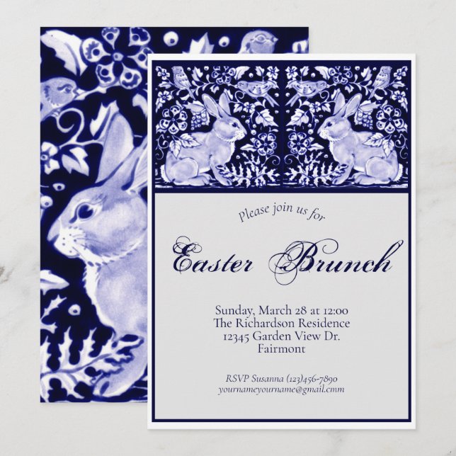 Elegant Blau, Weißer Osterbrunch Kaninchen Vögel K Einladung (Vorne/Hinten)