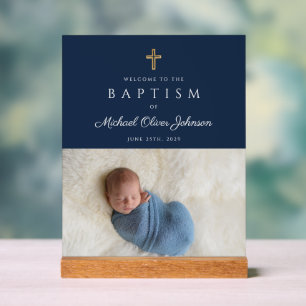 Elegant Blauer Religiöser Cross Boy Taufe Willkomm Acrylschild