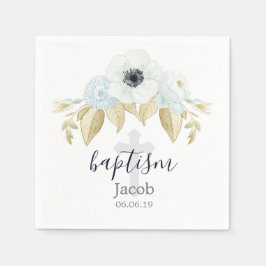 Elegant Blauer und Weiß Blütenkreuz Baby-Taufe Serviette