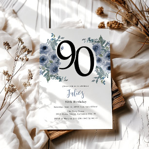 Elegant Blaues Florales 90. Geburtstagsjubiläum Einladung