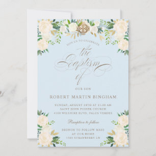 Elegant Blautönen Beige Kalligrafie Taufe Einladung