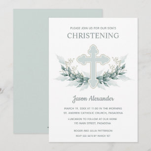 Elégant bleu aquarelle Christening Invitations