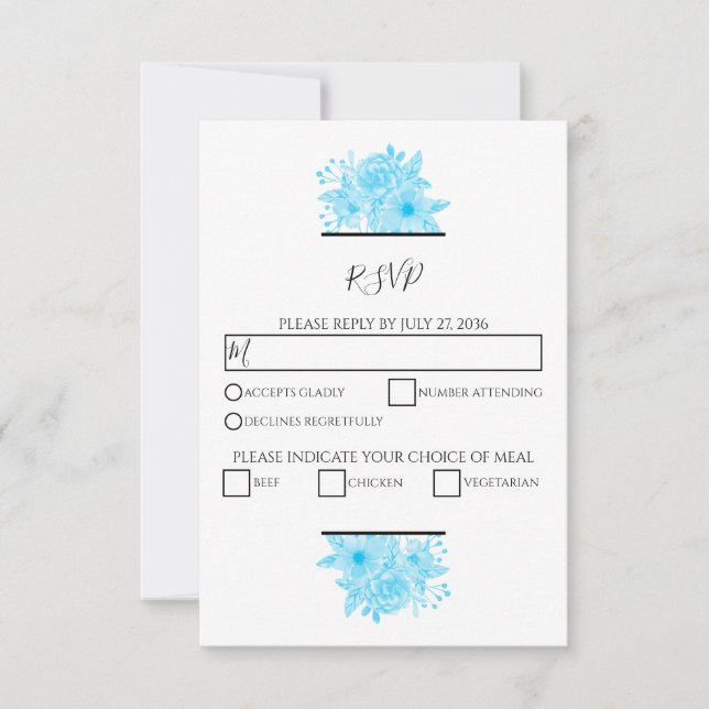 Elégant bleu aquarelle Floral Wedal Cartes RSVP (Devant)