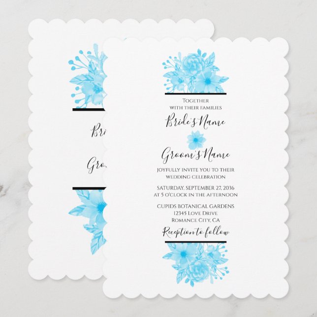 Elégant bleu aquarelle Floral Wedding Invitations (Devant / Derrière)