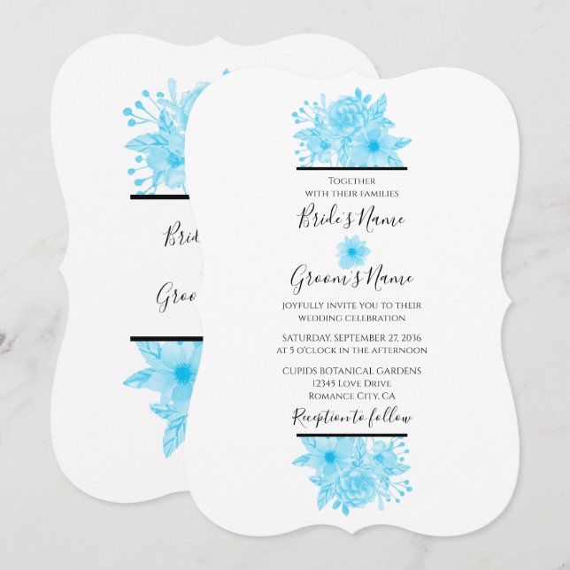 Elégant bleu aquarelle Floral Wedding Invitations (Devant / Derrière)