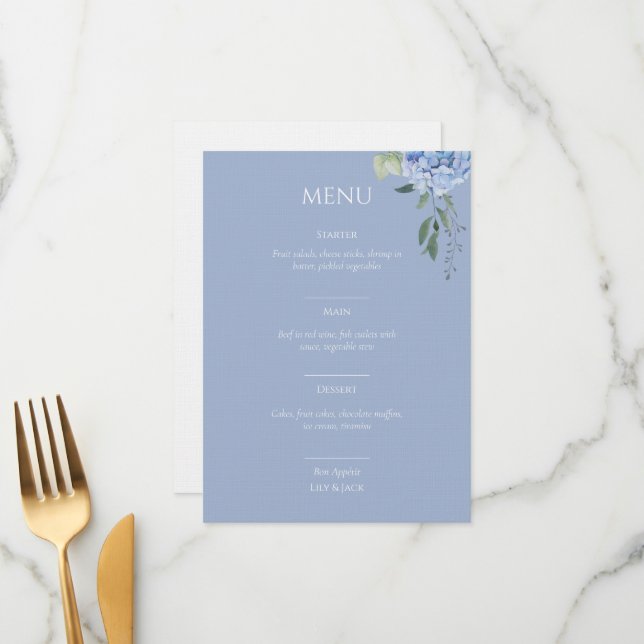 Elégant bleu bleu floral Hydrangea menu Mariage (Devant/Arrière en situation)