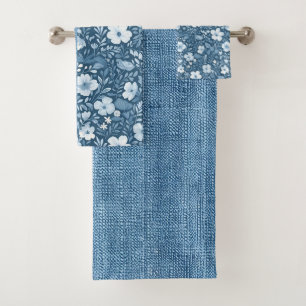 Élégant Bleu Botanique Faux Denim Look serviette