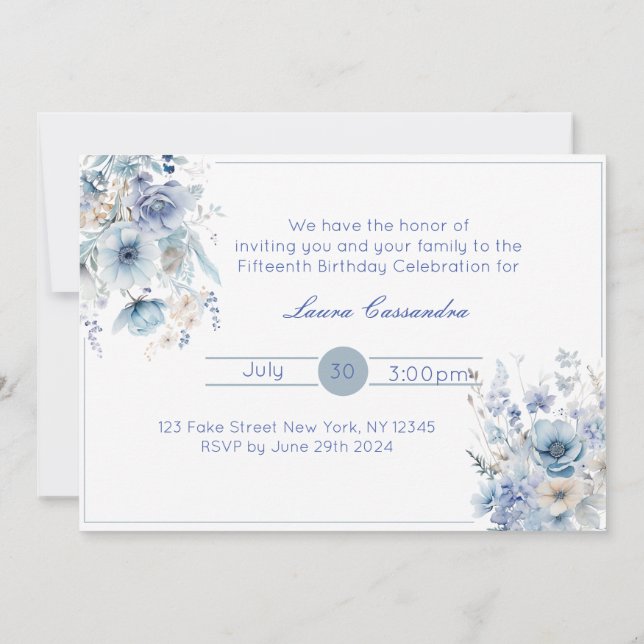 Elégant bleu clair Floral Invitation (Dos)
