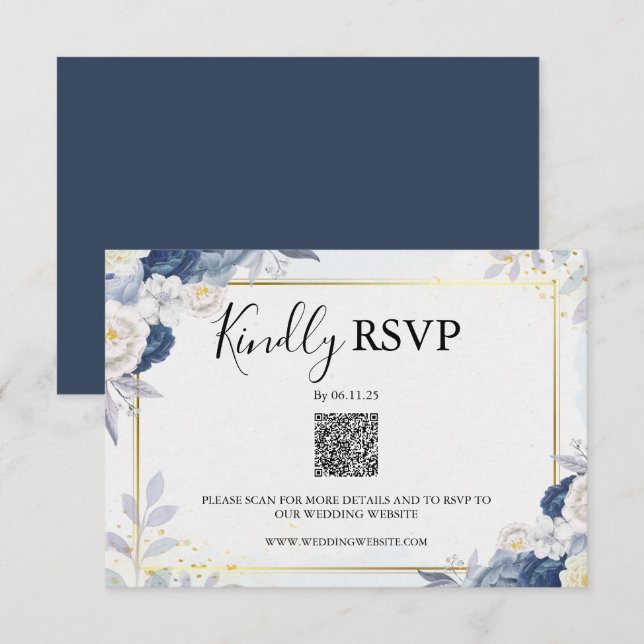 Elégant bleu Dusty et or Floral Rsvp Qr Code (Devant / Derrière)
