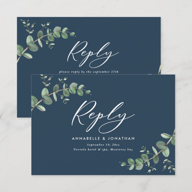 Elégant bleu Eucalyptus Verdure Mariage RSVP (Devant / Derrière)