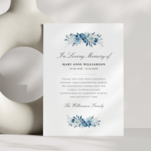 élégant bleu fleurs carte de remerciements funérai