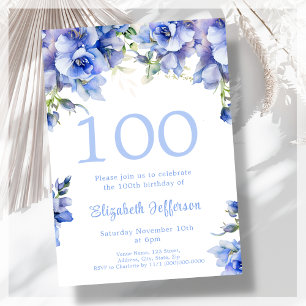 Elégant bleu floral 100e anniversaire Invitation