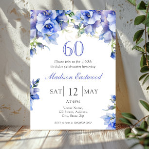 Elégant bleu floral 60e anniversaire Invitation