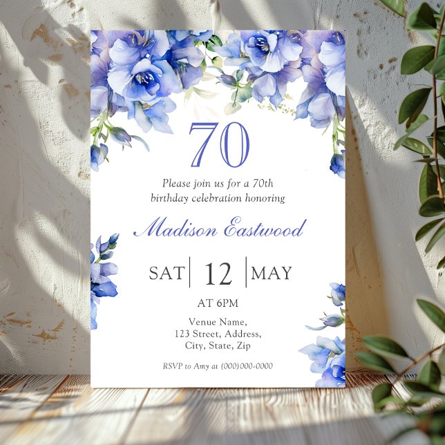 Elégant bleu floral 70e anniversaire Invitation (Créateur téléchargé)