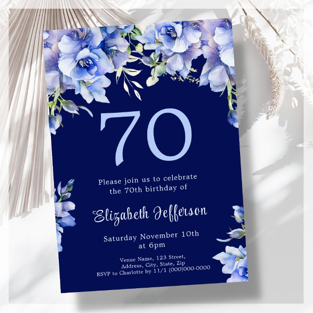 Elégant bleu floral 70e anniversaire Invitation (Créateur téléchargé)