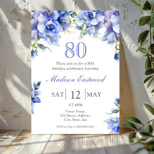 Elégant bleu floral 80e anniversaire Invitation
