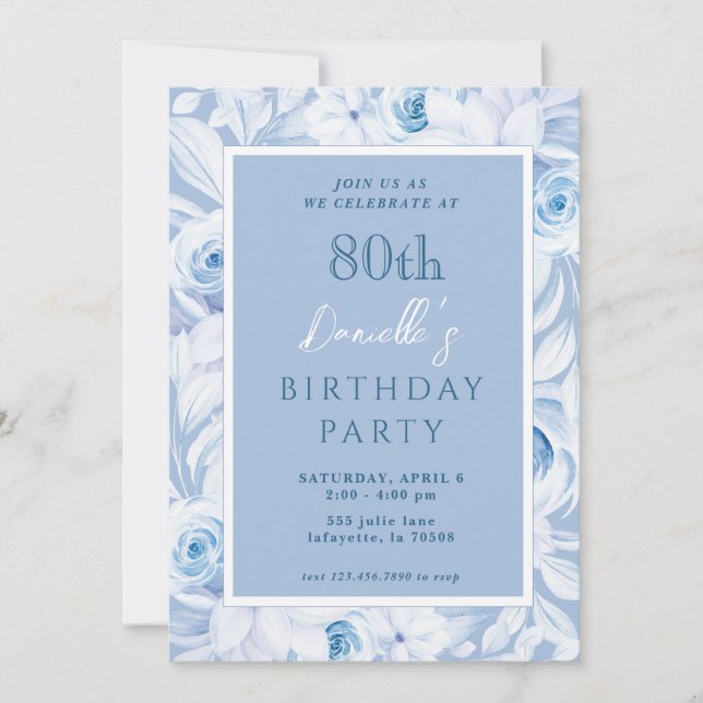 Elégant bleu floral 80e anniversaire Invitations (Devant)
